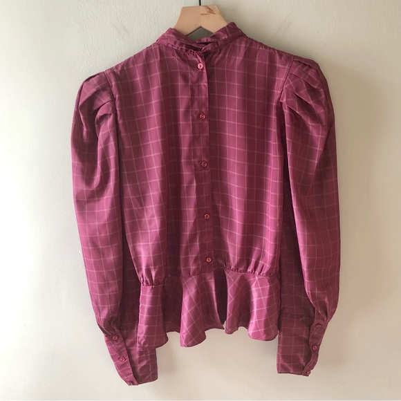 VINTAGE Burgundy Plaid Puff Sleeve Peplum Blouse - Picture 2 of 5